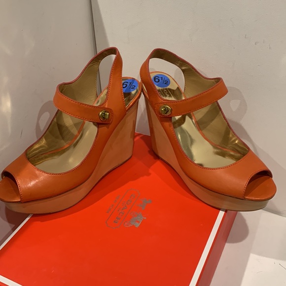 NWB - NEW Coach 🍊 Platform Sandal Wedge Aqua Veg Leather Shoe Tangerine Orange - Picture 8 of 15